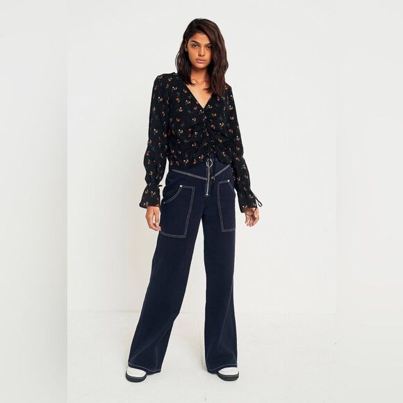 Urban Outfitters Pins & Needles Floral Jacquard Ruched Blouse - Picture 2 of 7